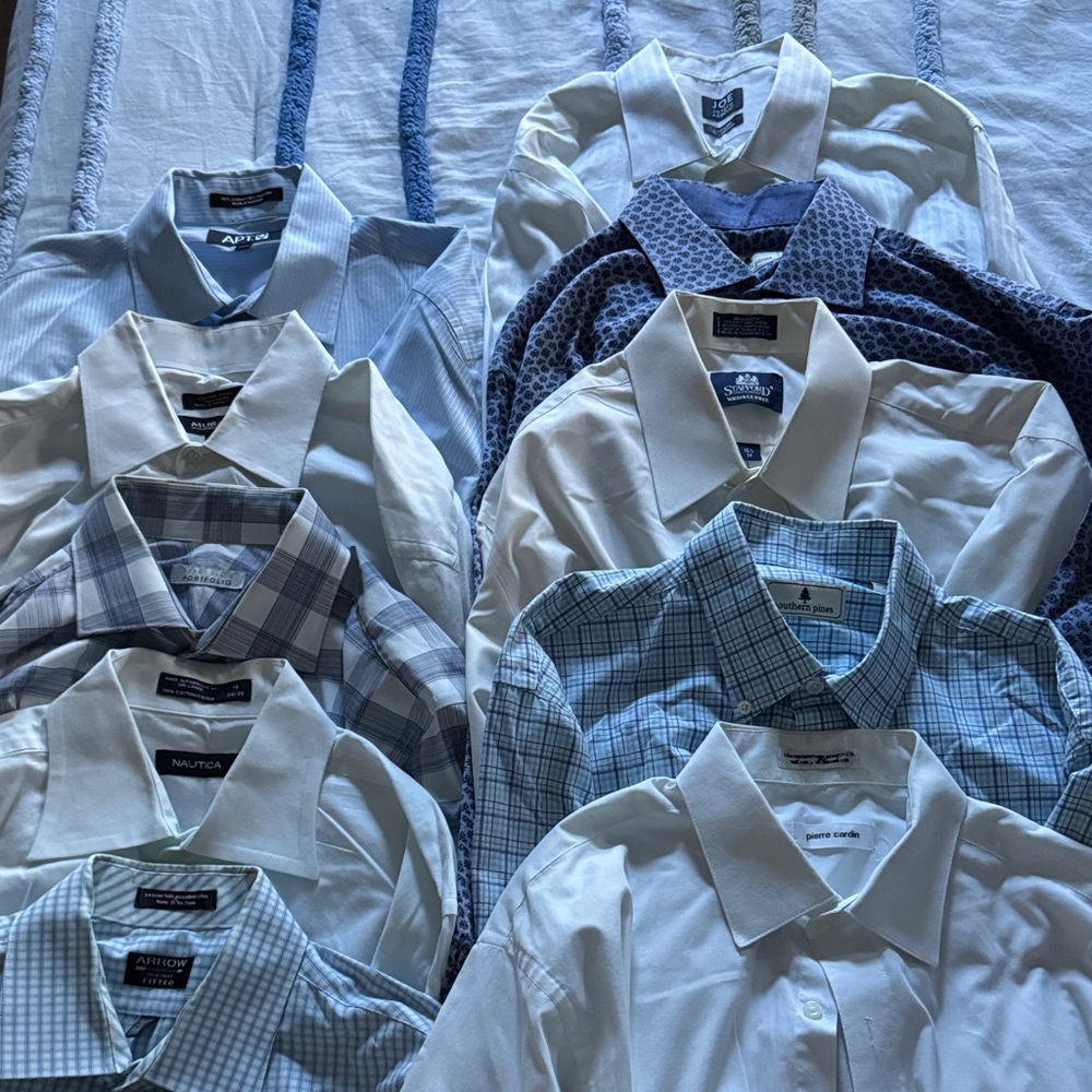 Lot of 10 Assorted Men's Dress Shirts. Size L, 16-16.5 neck, 34/35 sleeve